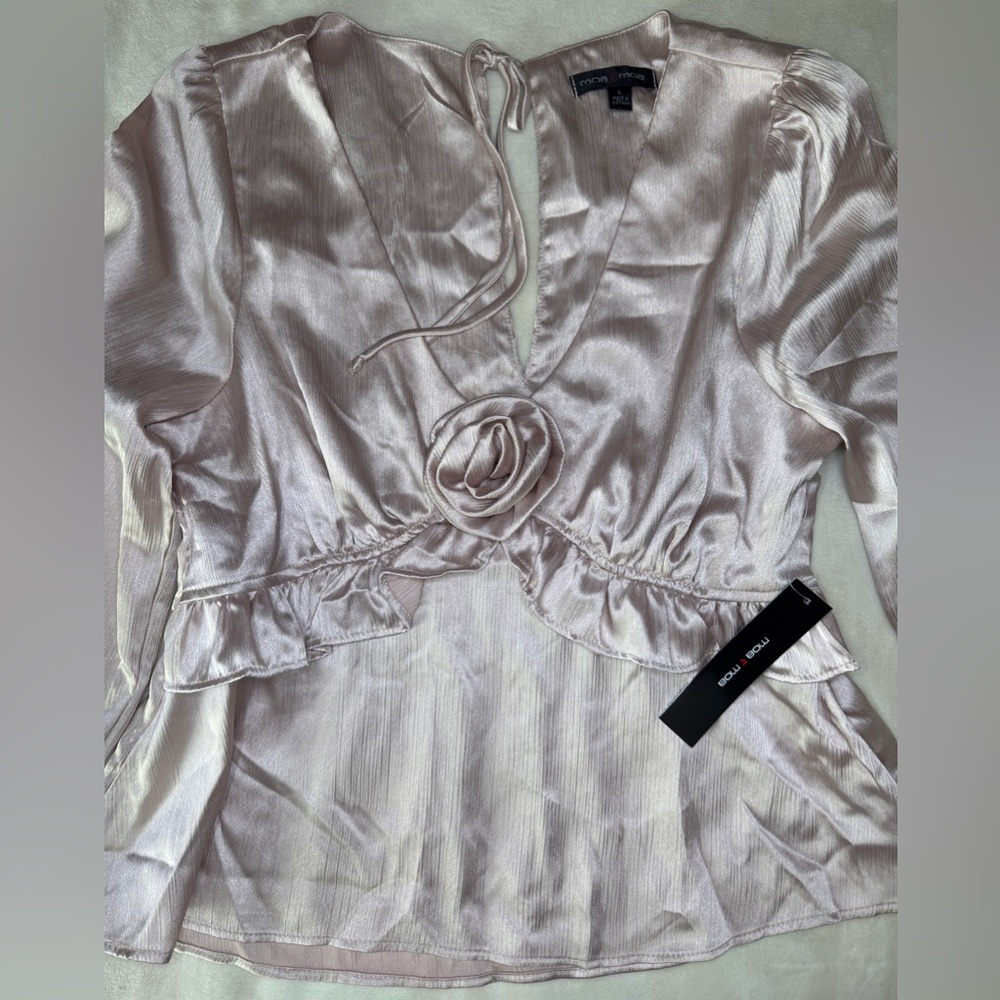 Rose gold 3/4 Sleeve Tie Front Peplum Blouse